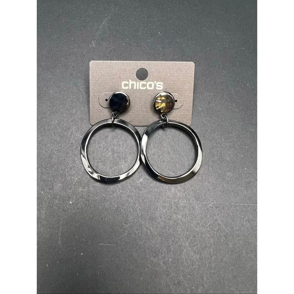 New Chico's Metallic Black Bantly Irregular Hoop Drop Post Earrings
